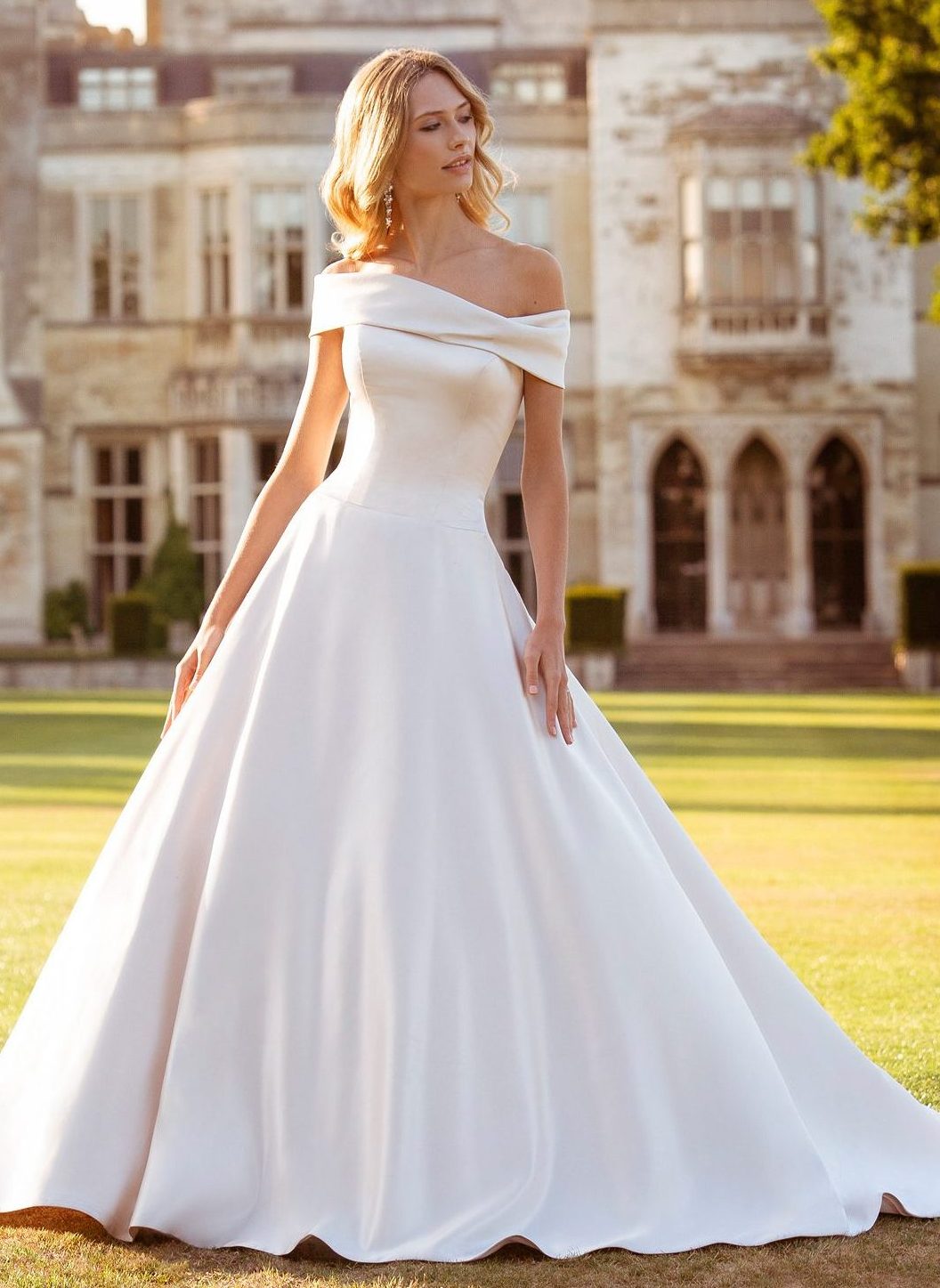 bardot style wedding dress